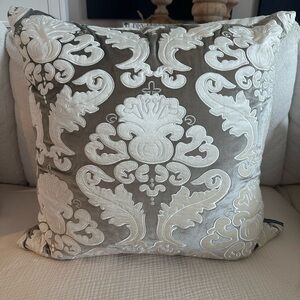 silver and ivory embroidered velvet accent pillow.22x22. Inc down insert